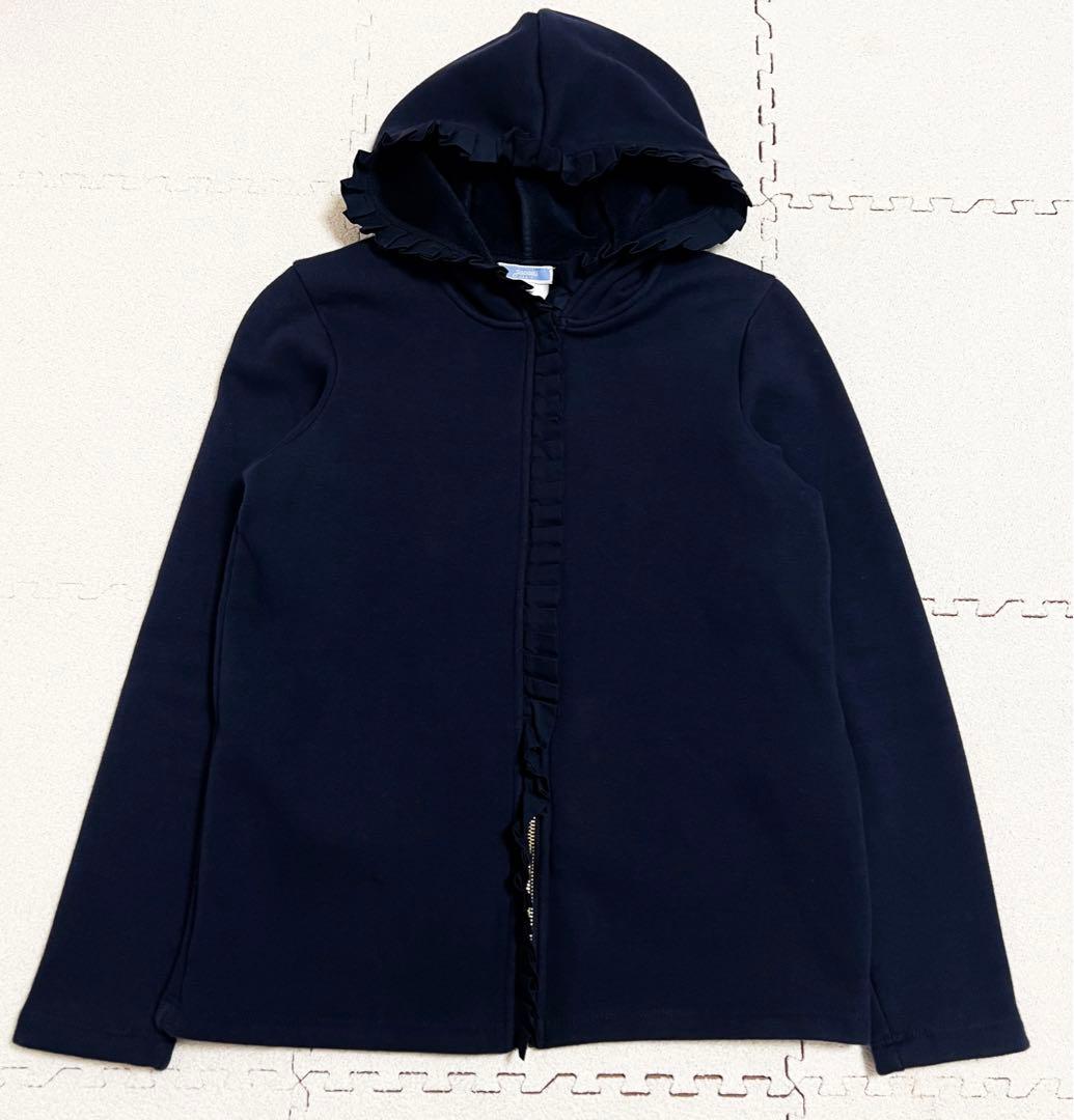 美品 jacadi フリル フード付き ファスナー パーカー 紺 ネイビー