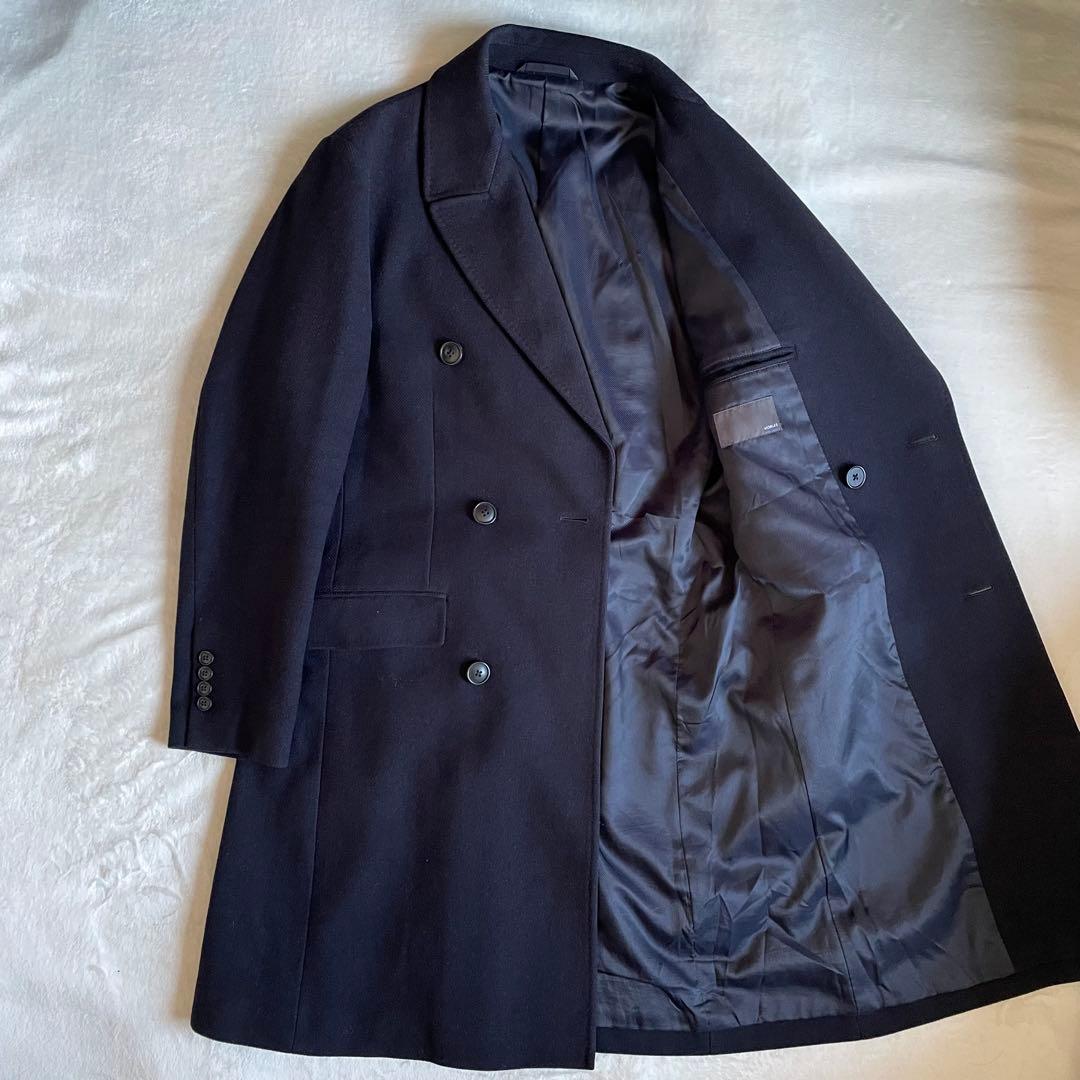 モアレス BEAMS ヘリンボーンカシミヤ混チェスターコート XL 紺