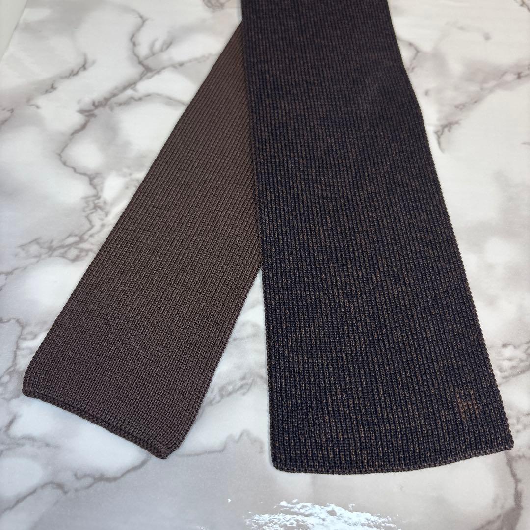 HERMES ニットタイ　2way ブラウン　茶　ニットネクタイ　ワンポイント