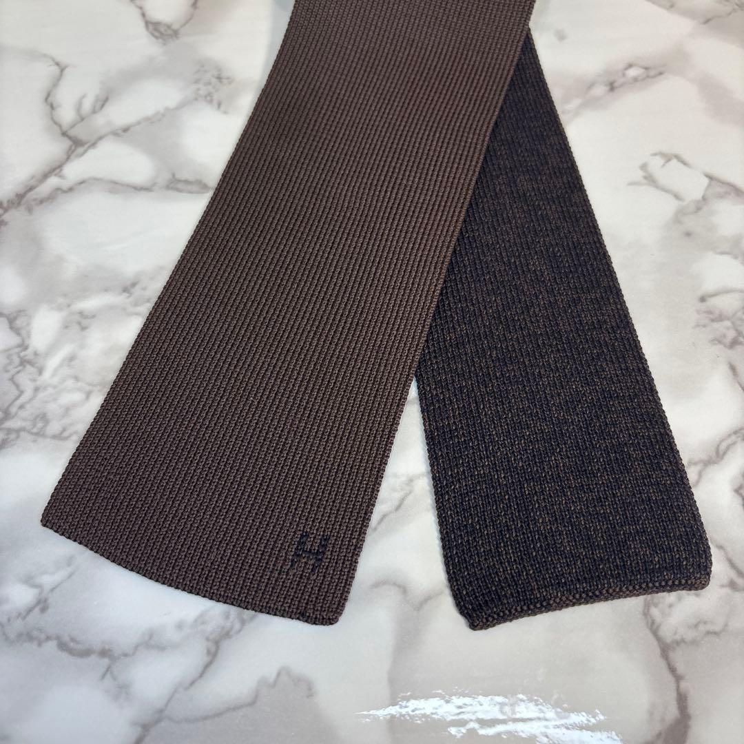 HERMES ニットタイ　2way ブラウン　茶　ニットネクタイ　ワンポイント
