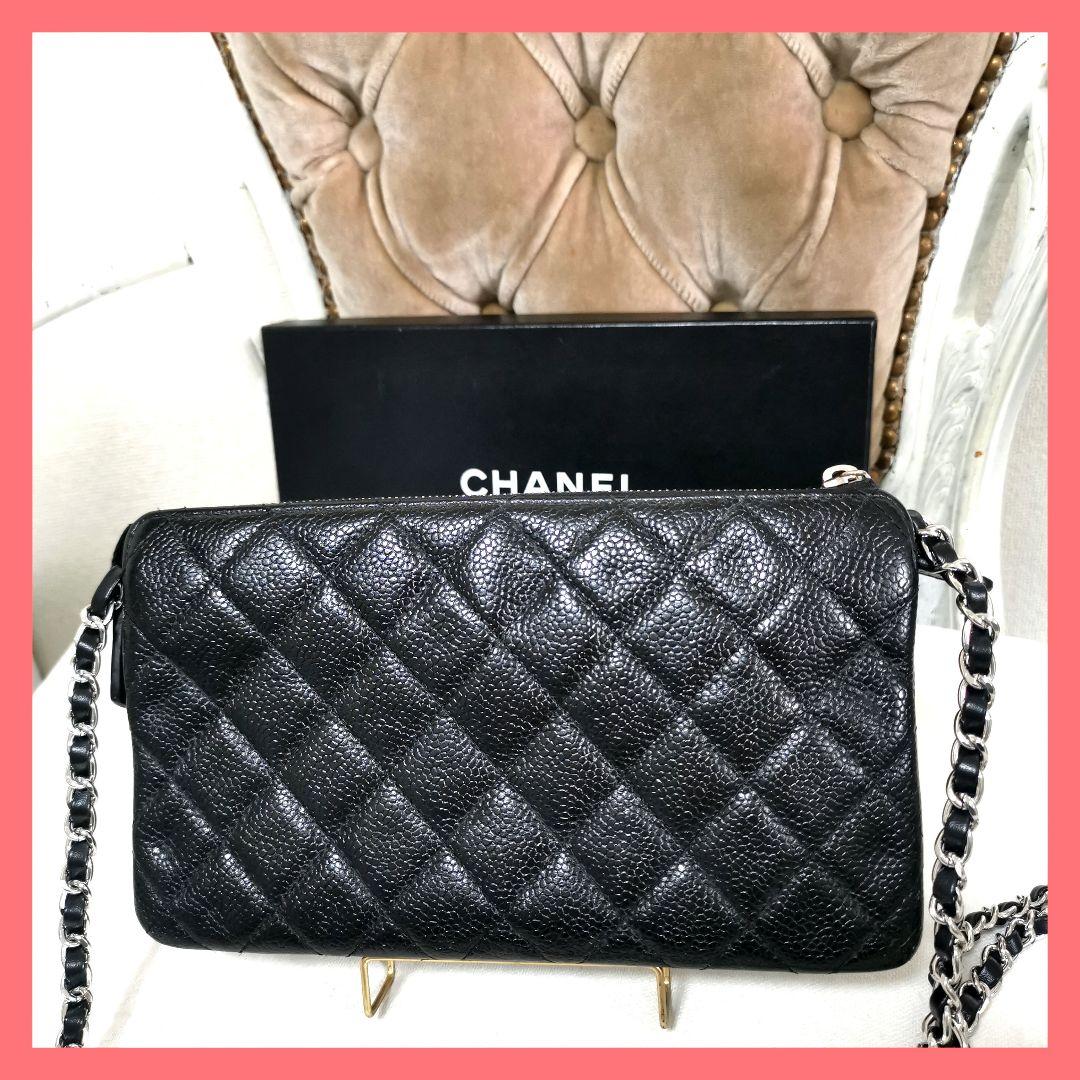 【極美品】シャネルCHANEL黒キャビアスキン大きめ長財布 新品ショルダー鑑定済