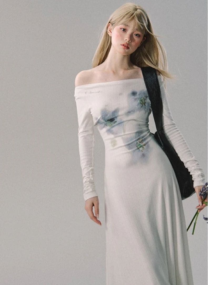 Urban Sheek プリーツ　ベルベット　長袖　ロング　ドレス　ワンピース