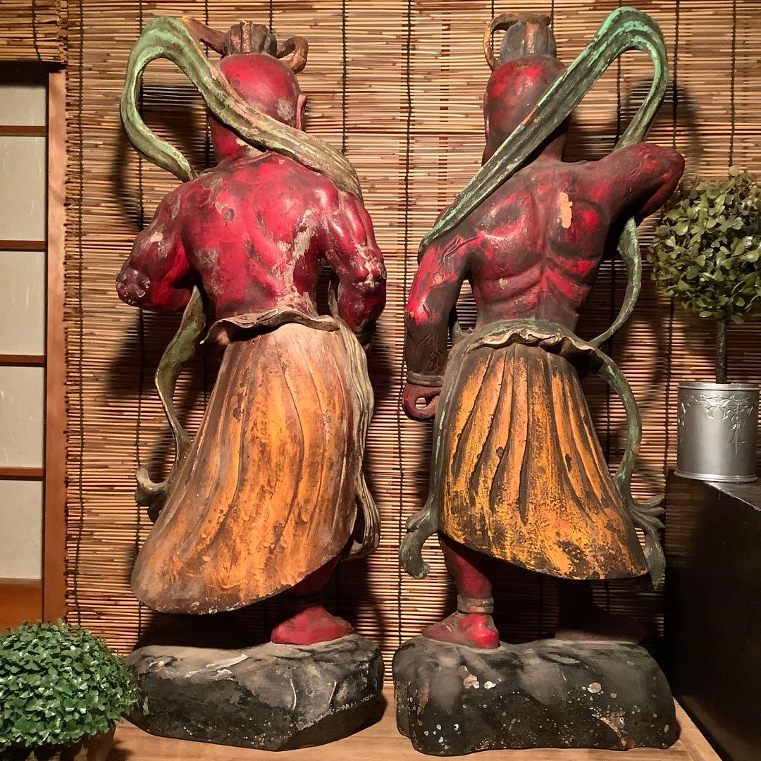 江戸期・護法善神「那羅延金剛・密迹金剛」仁王・金剛力士・二体一対・漆柿渋紅彩色