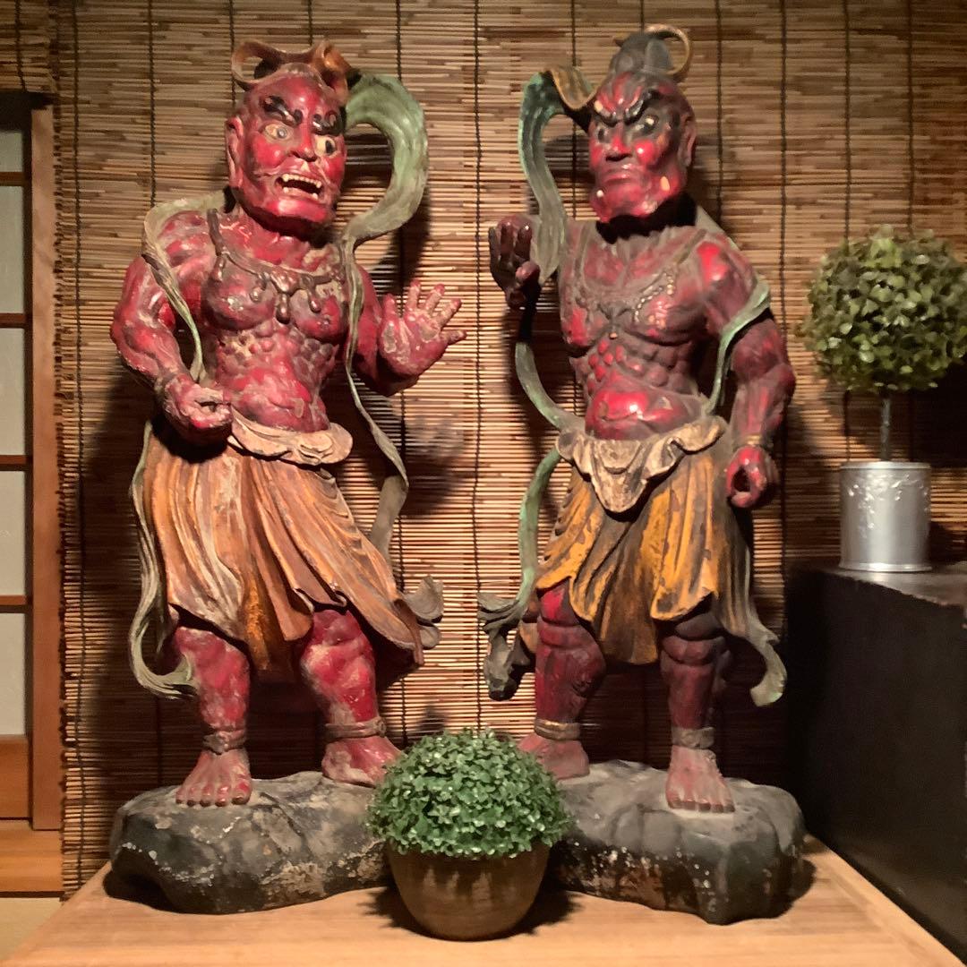 江戸期・護法善神「那羅延金剛・密迹金剛」仁王・金剛力士・二体一対・漆柿渋紅彩色