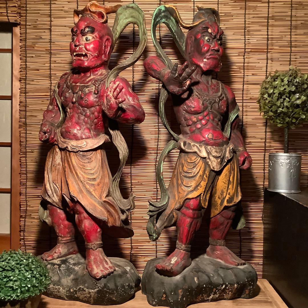 江戸期・護法善神「那羅延金剛・密迹金剛」仁王・金剛力士・二体一対・漆柿渋紅彩色