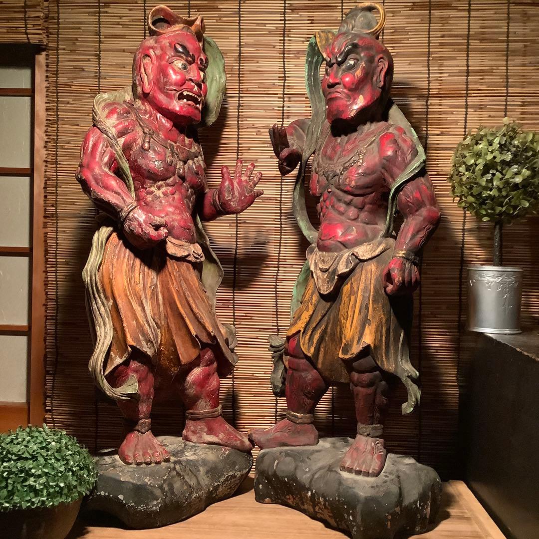 江戸期・護法善神「那羅延金剛・密迹金剛」仁王・金剛力士・二体一対・漆柿渋紅彩色