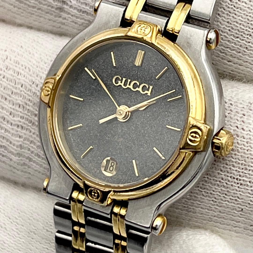 新品電池 GUCCI デイト 9000L gg柄 ゴールドベゼル 腕時計 コンビ