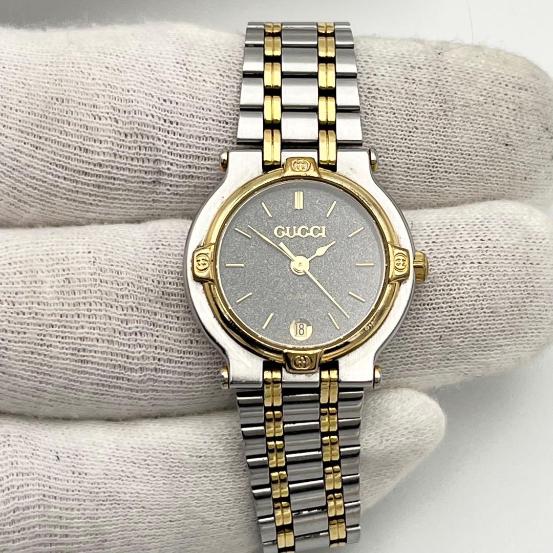 新品電池 GUCCI デイト 9000L gg柄 ゴールドベゼル 腕時計 コンビ