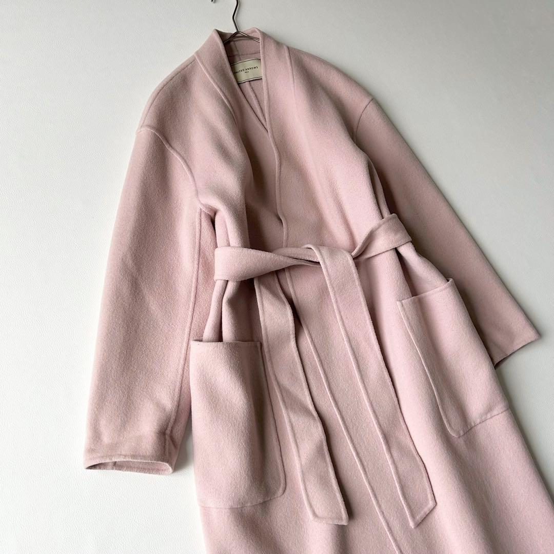 3072y美品 ユナイテッドアローズ ノーカラーロングリバーコート ピンク