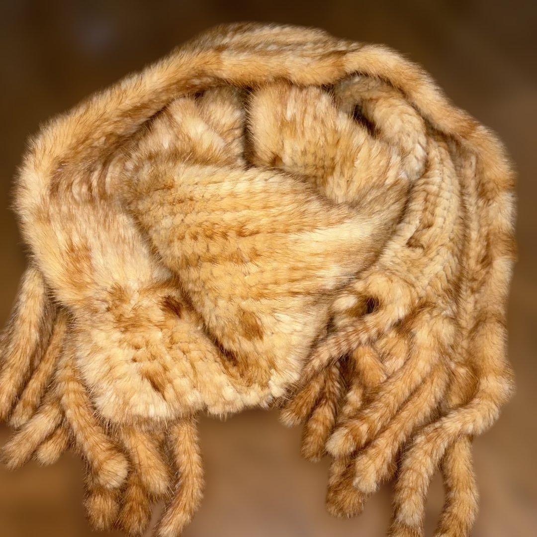 ミンクストール　マフラー　ショール　リアルファー　フリンジ付き　ミンクヤーン