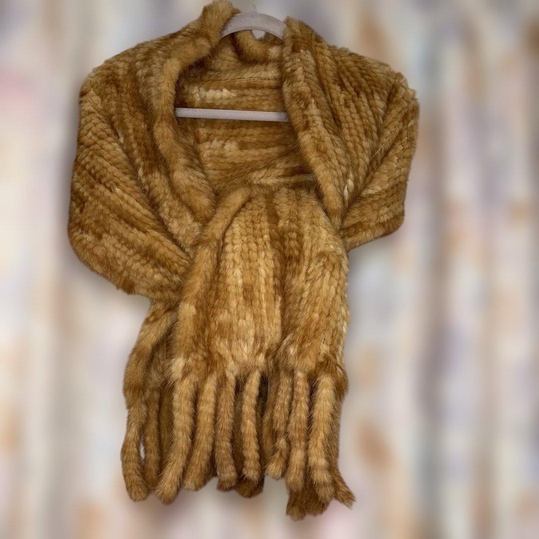 ミンクストール　マフラー　ショール　リアルファー　フリンジ付き　ミンクヤーン