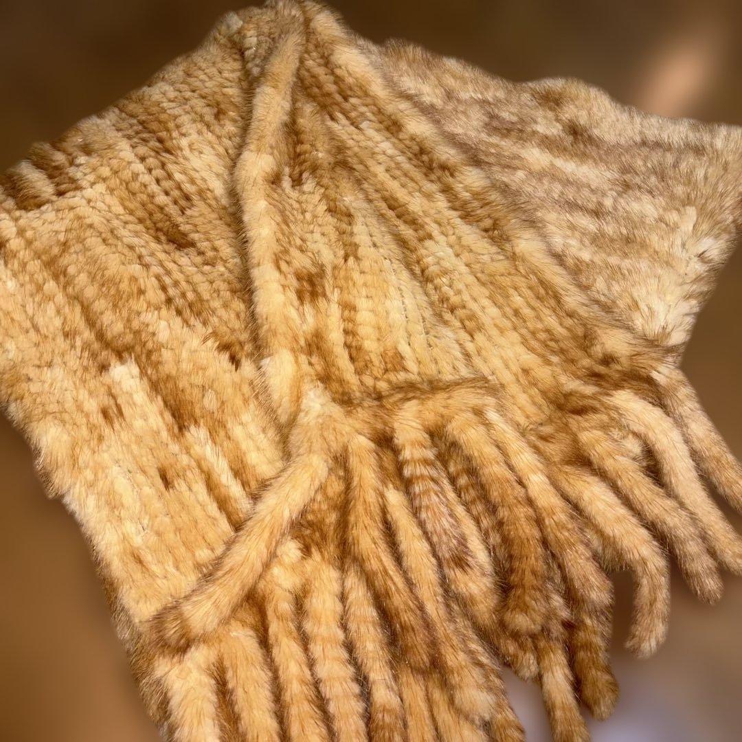 ミンクストール　マフラー　ショール　リアルファー　フリンジ付き　ミンクヤーン