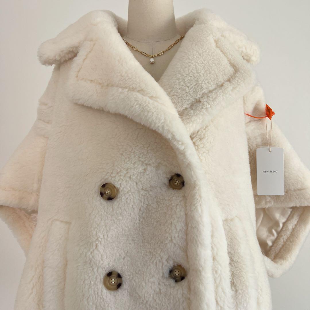 新品未使用 ベアテーラードポンチョアルパカ素材 ホワイト　テディケープ