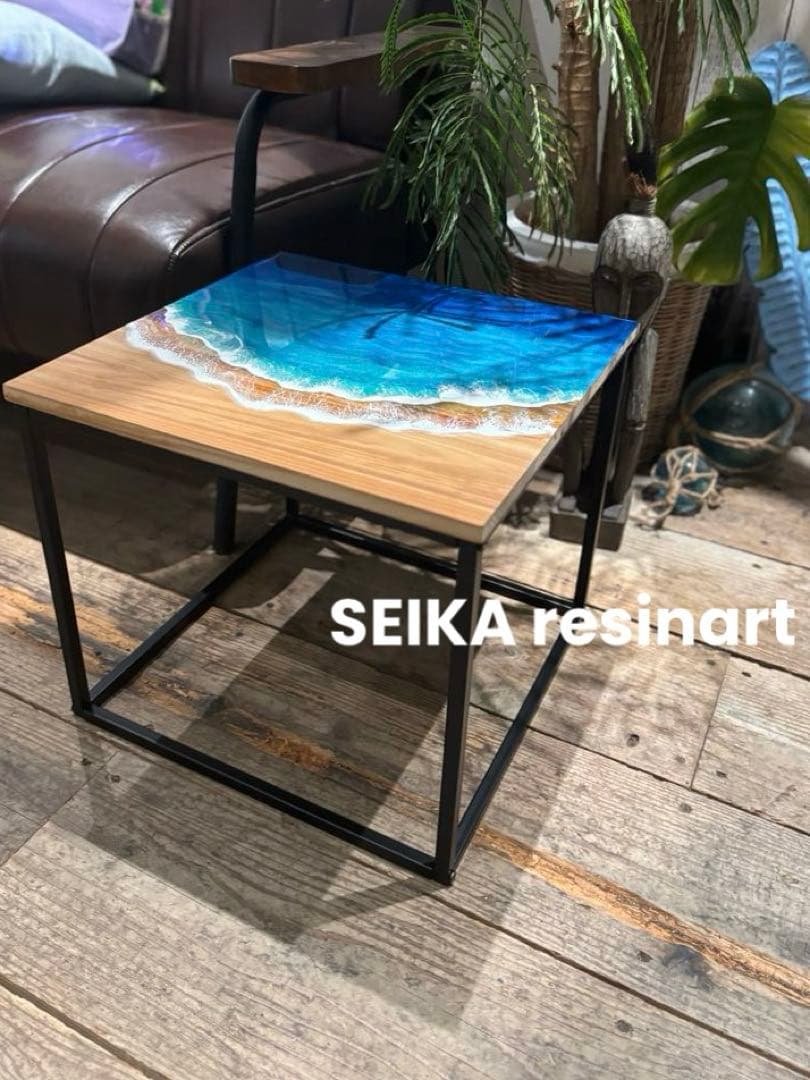 レジンテーブル　レジンアート　サイドテーブル　テーブル　海レジン　40×40