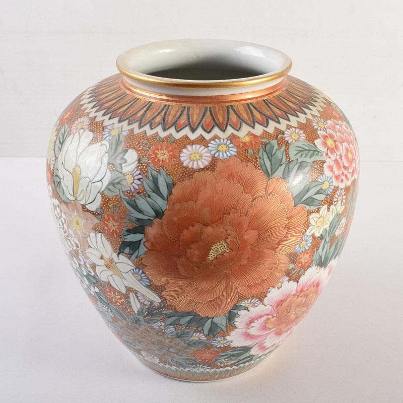 りか　九谷焼名工　九谷中田錦玉　百花繚乱 花詰文壷　花入　D　R8825H