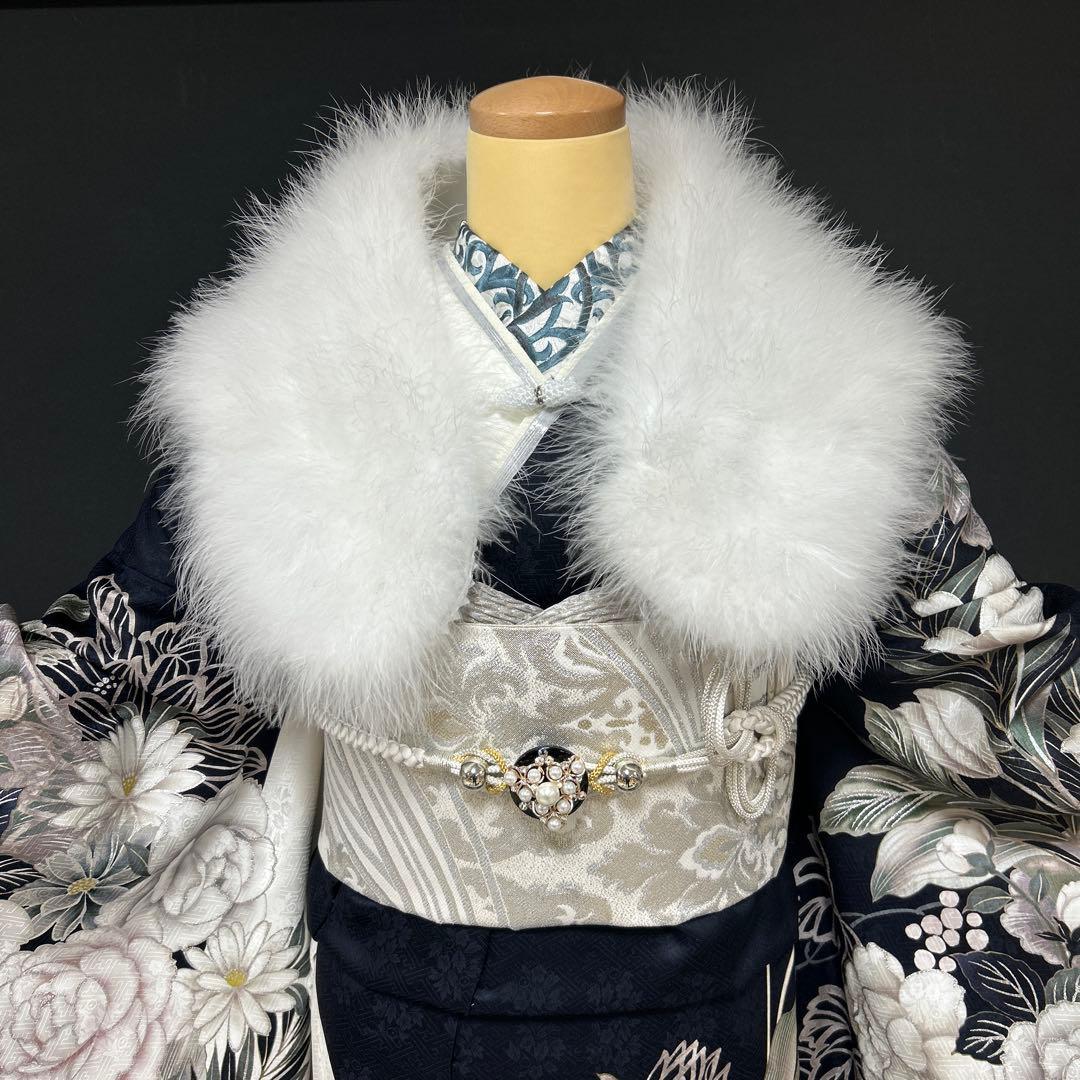 白紺染め分け牡丹のクール系振袖フルセット