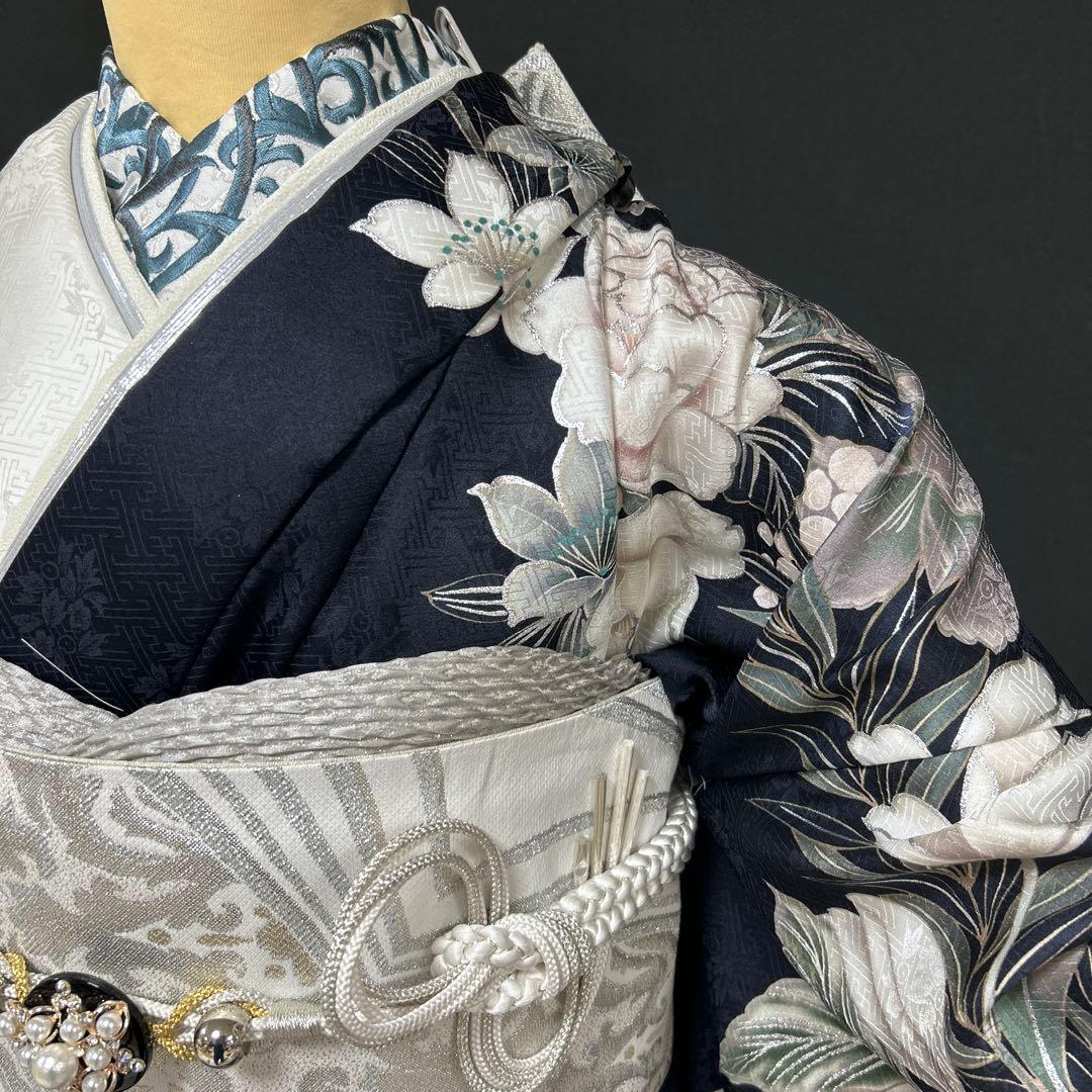 白紺染め分け牡丹のクール系振袖フルセット