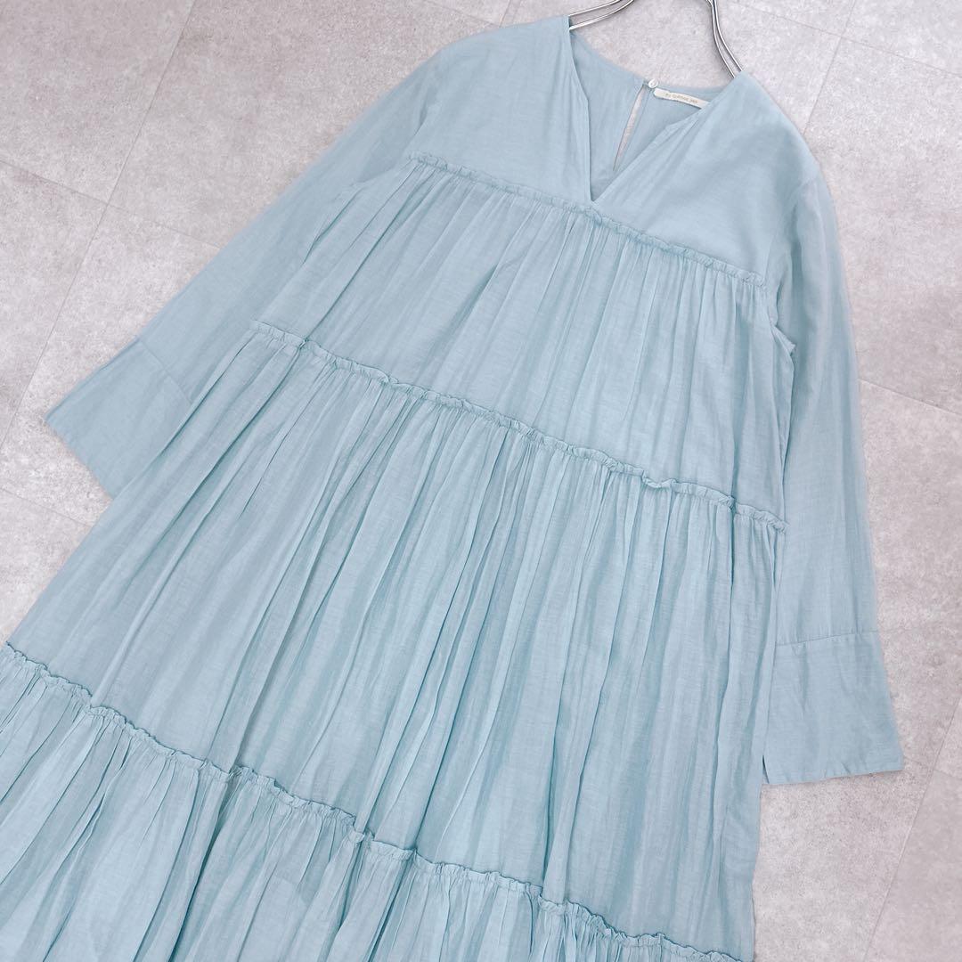 美品✨ ヌキテパ コットンボイル ティアード ワンピース マキシ丈 水色 M