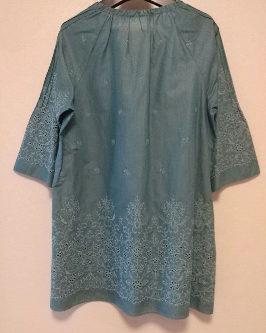 レリアン Lelian 青緑 刺繍飾り エレガント五分袖 チュニック