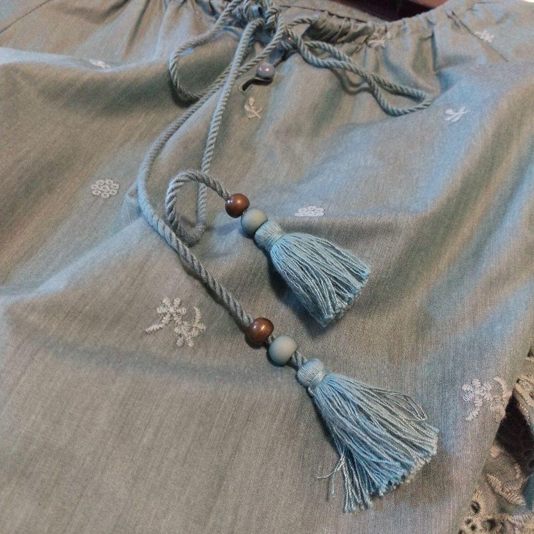 レリアン Lelian 青緑 刺繍飾り エレガント五分袖 チュニック