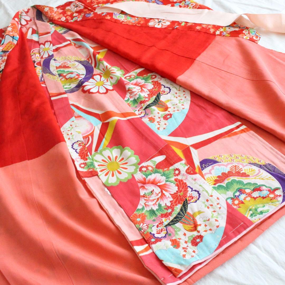 七五三 3歳 女の子 子供 アンティーク 赤 着物 被布 セット