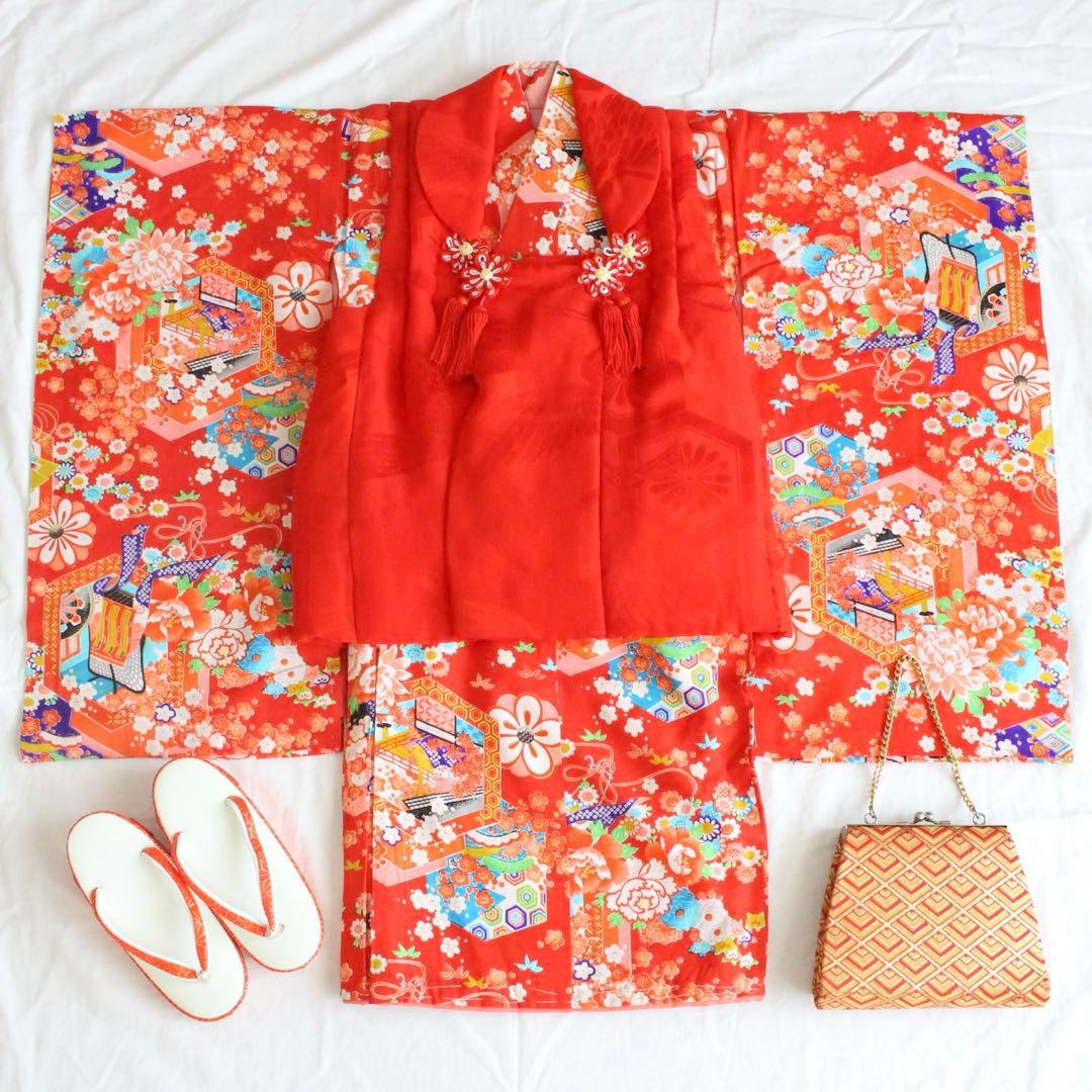 七五三 3歳 女の子 子供 アンティーク 赤 着物 被布 セット