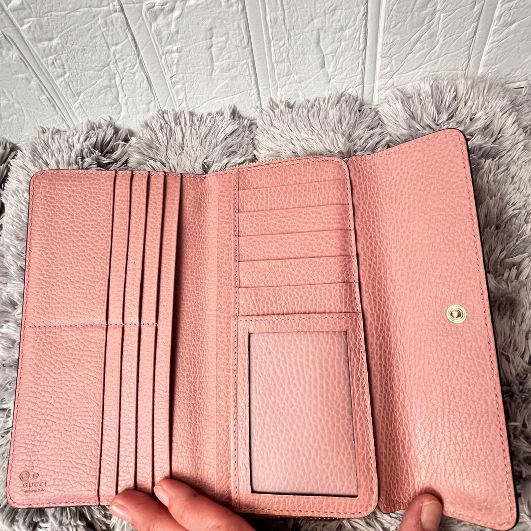 美品✨GUCCI 大容量　インターロッキング　長財布　シボレザー　ピンク