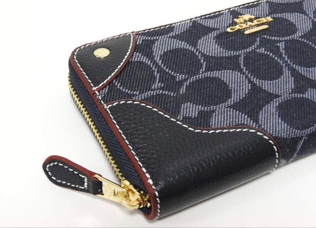 COACHコーチ デニムレザー アコーディオン アラウンド長財布 ミッドナイト