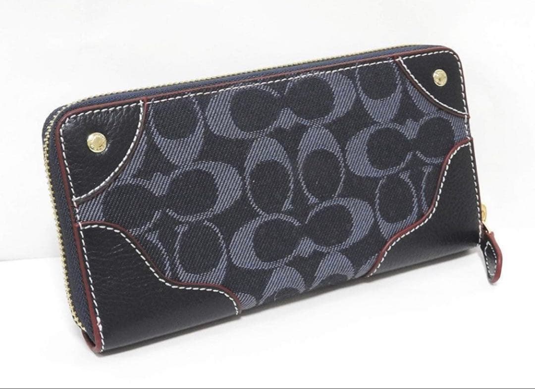 COACHコーチ デニムレザー アコーディオン アラウンド長財布 ミッドナイト