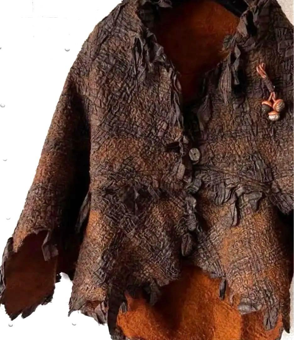 ☑️【ケープコート】一点物/茶/おしゃれポンチョ/ジャケットフリー/ヴィンテージ秋