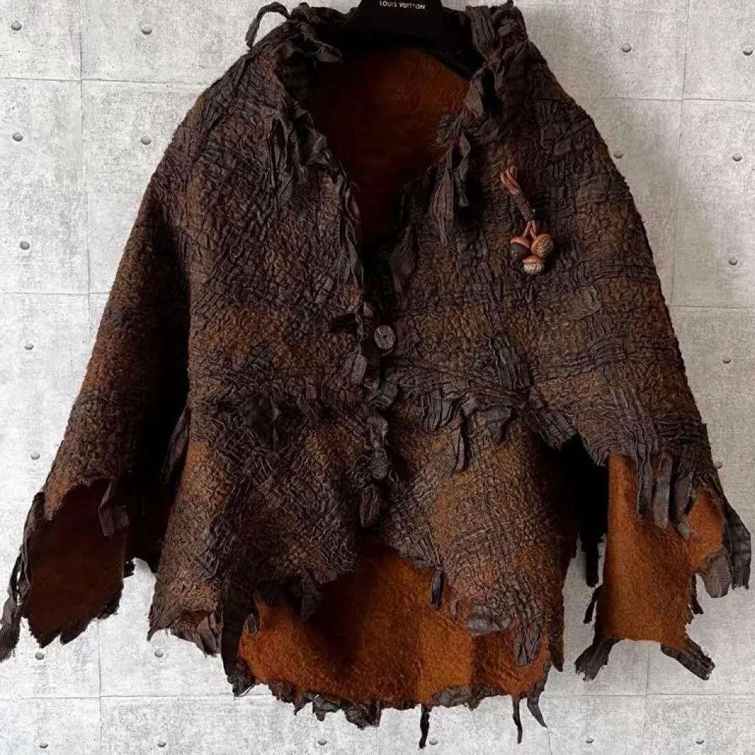 ☑️【ケープコート】一点物/茶/おしゃれポンチョ/ジャケットフリー/ヴィンテージ秋