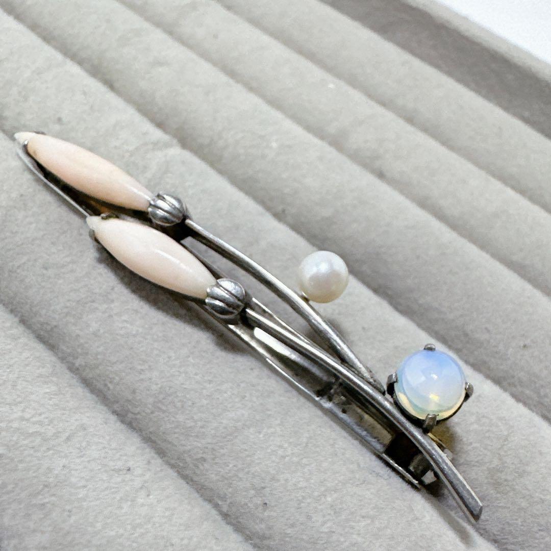 アンティーク SPM刻印 珊瑚 真珠 オパール ヘアークリップ 髪飾り