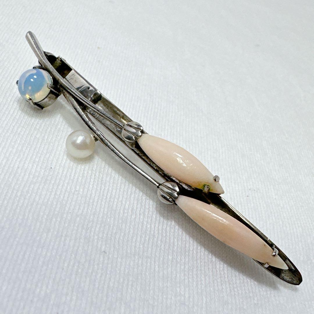 アンティーク SPM刻印 珊瑚 真珠 オパール ヘアークリップ 髪飾り