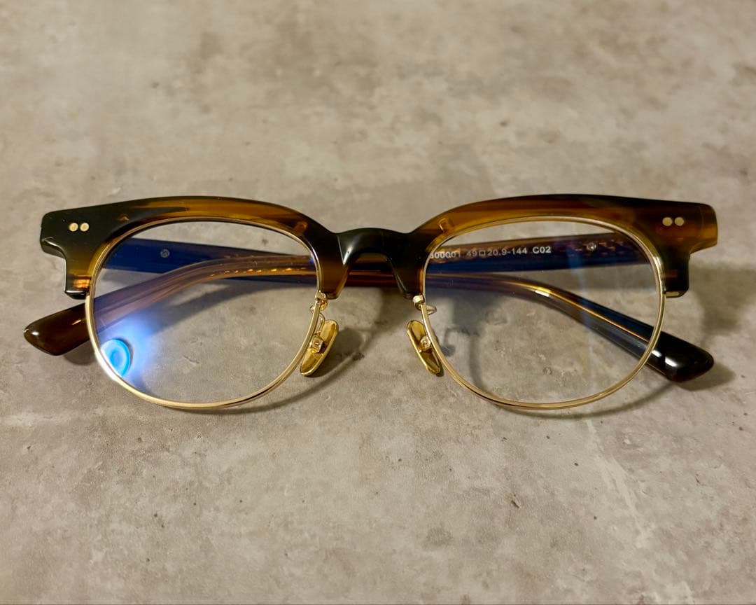 サーモント眼鏡フレーム　ゴールド×ブラウンデミ　伊達メガネ　ボストン　べっ甲柄