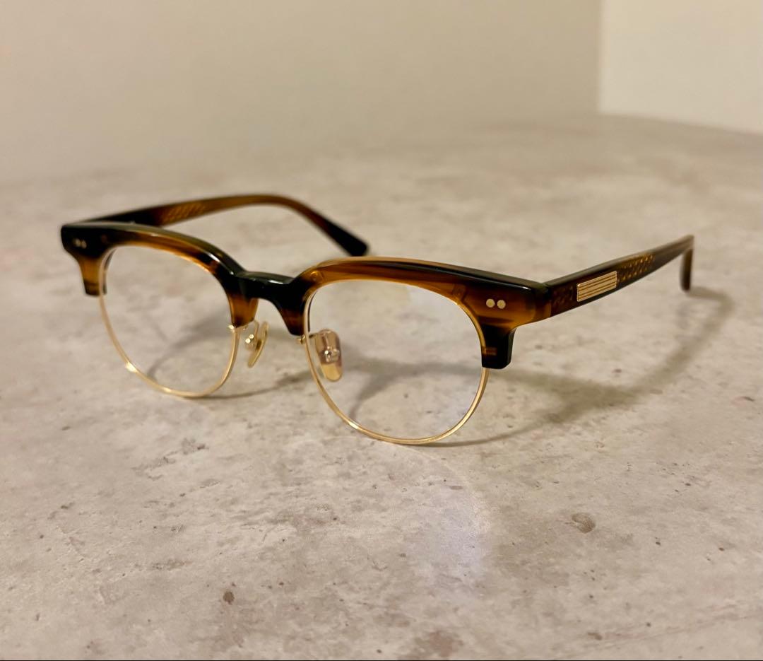 サーモント眼鏡フレーム　ゴールド×ブラウンデミ　伊達メガネ　ボストン　べっ甲柄