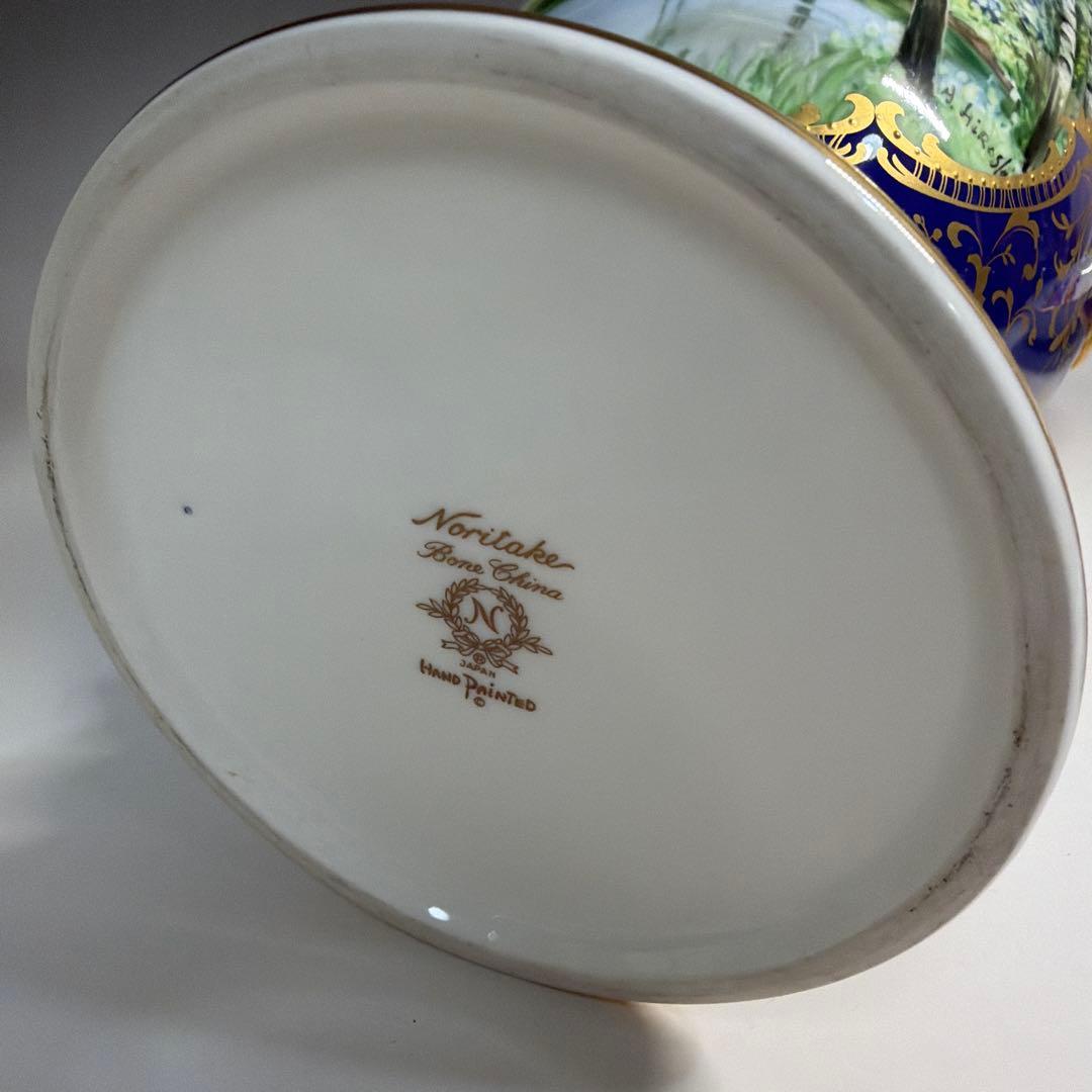 モ*モ様 ノリタケ 飾り壺 金彩 コバルトブルー ハンドペイント 風景