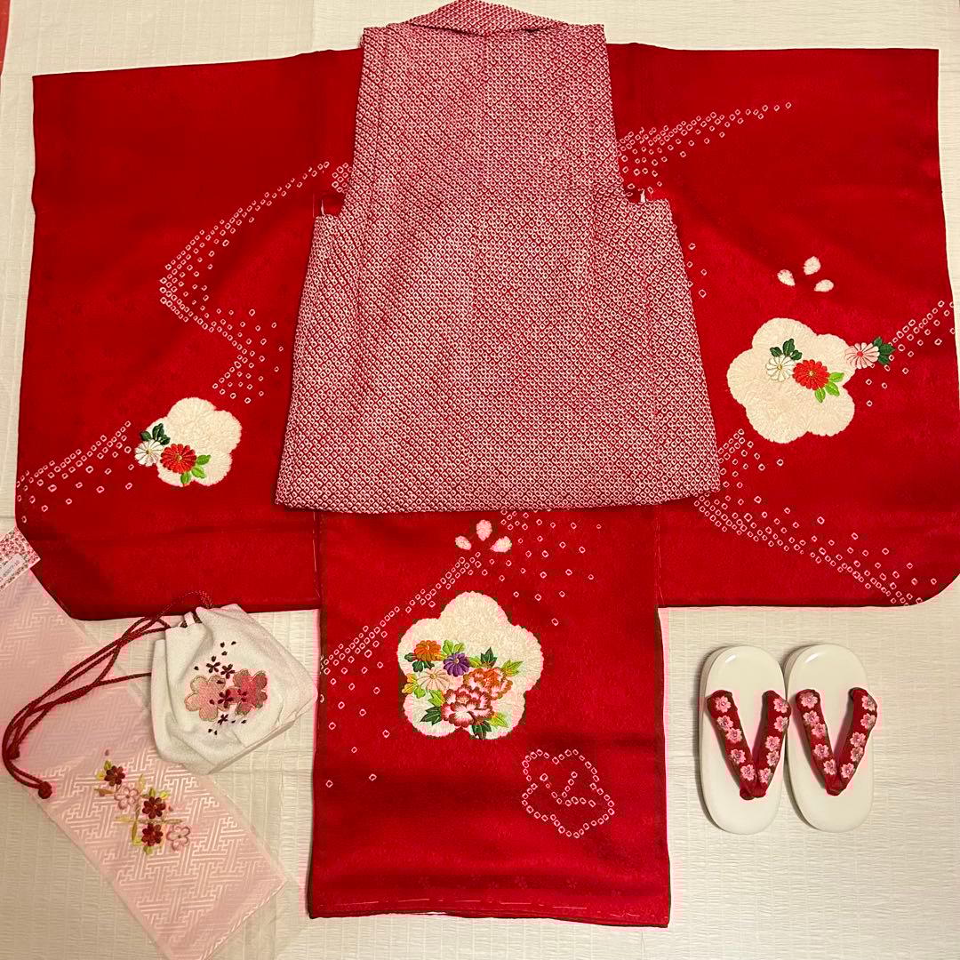 七五三 3歳 フルセット 総絞り 着物 正絹 被布 刺繍 三歳 赤 草履 753