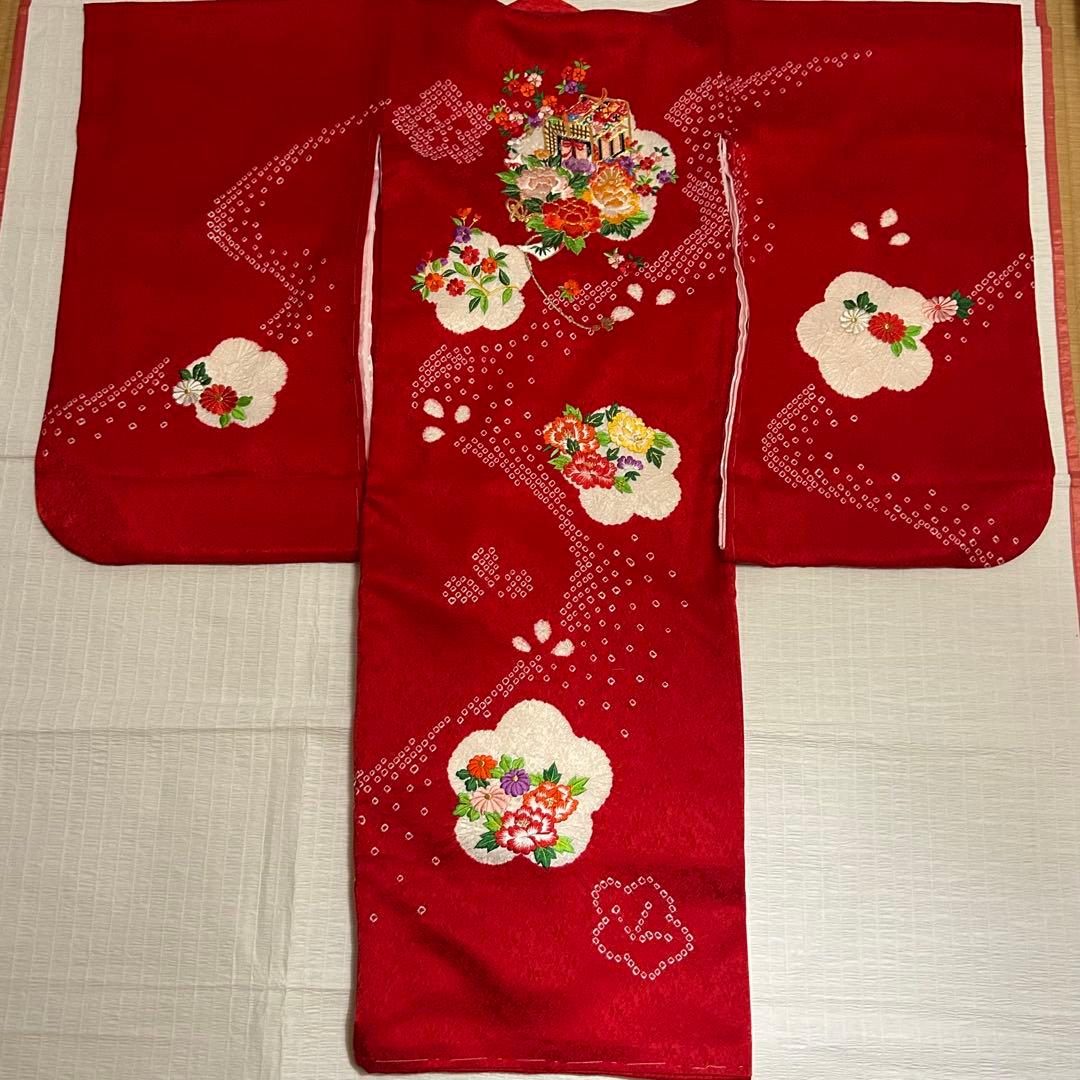 七五三 3歳 フルセット 総絞り 着物 正絹 被布 刺繍 三歳 赤 草履 753