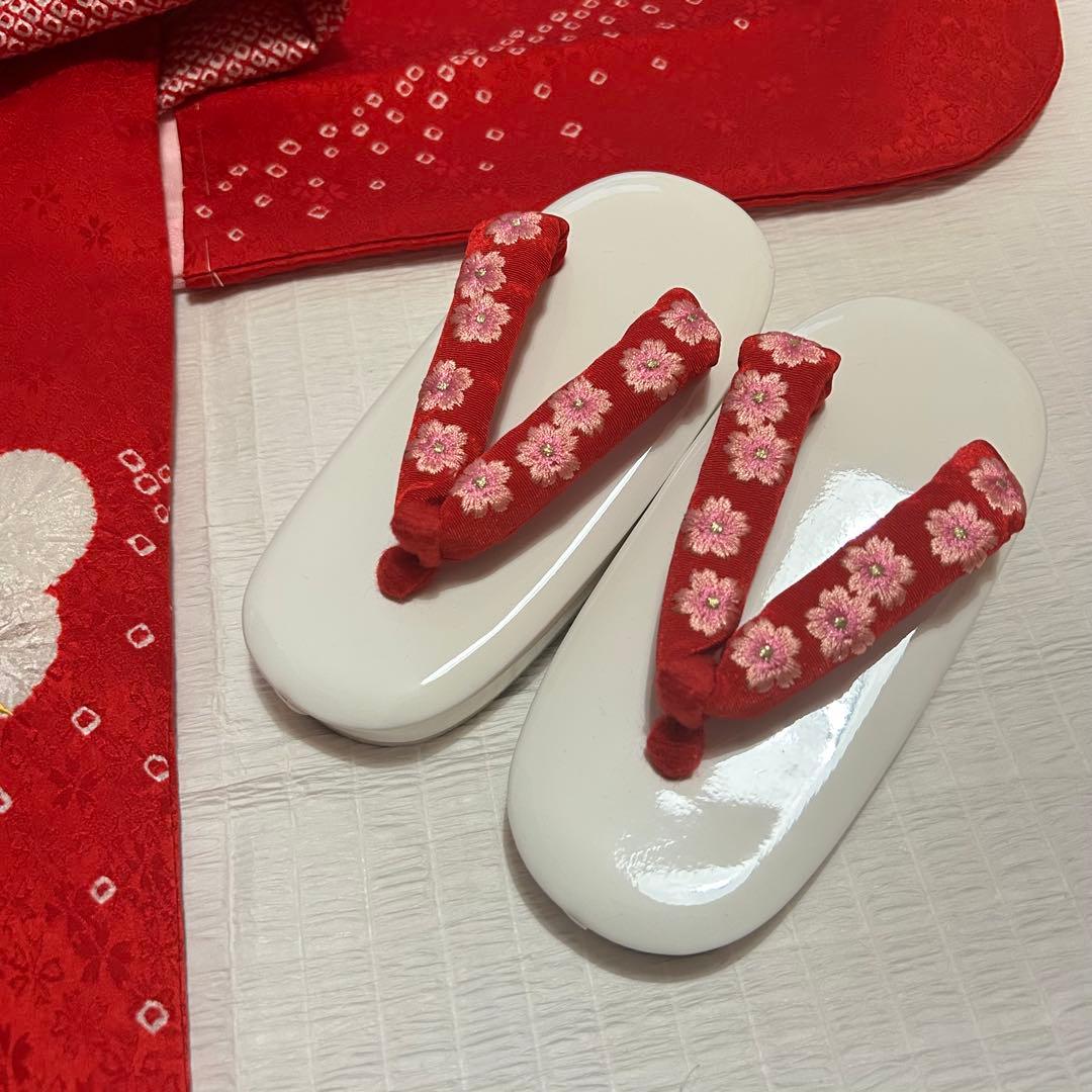 七五三 3歳 フルセット 総絞り 着物 正絹 被布 刺繍 三歳 赤 草履 753