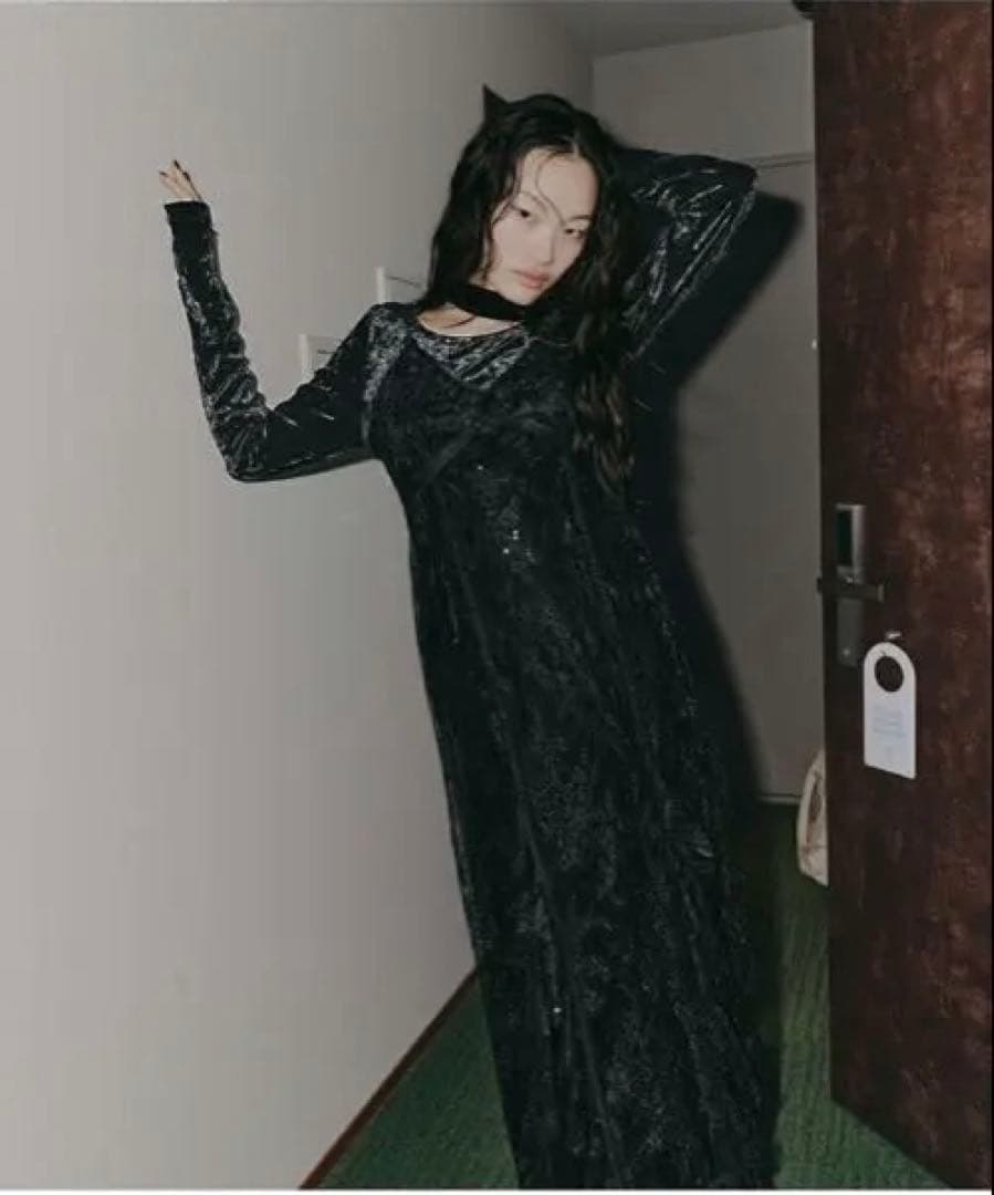 ANDRESDスパークルレースベロアドレス　L ブラック