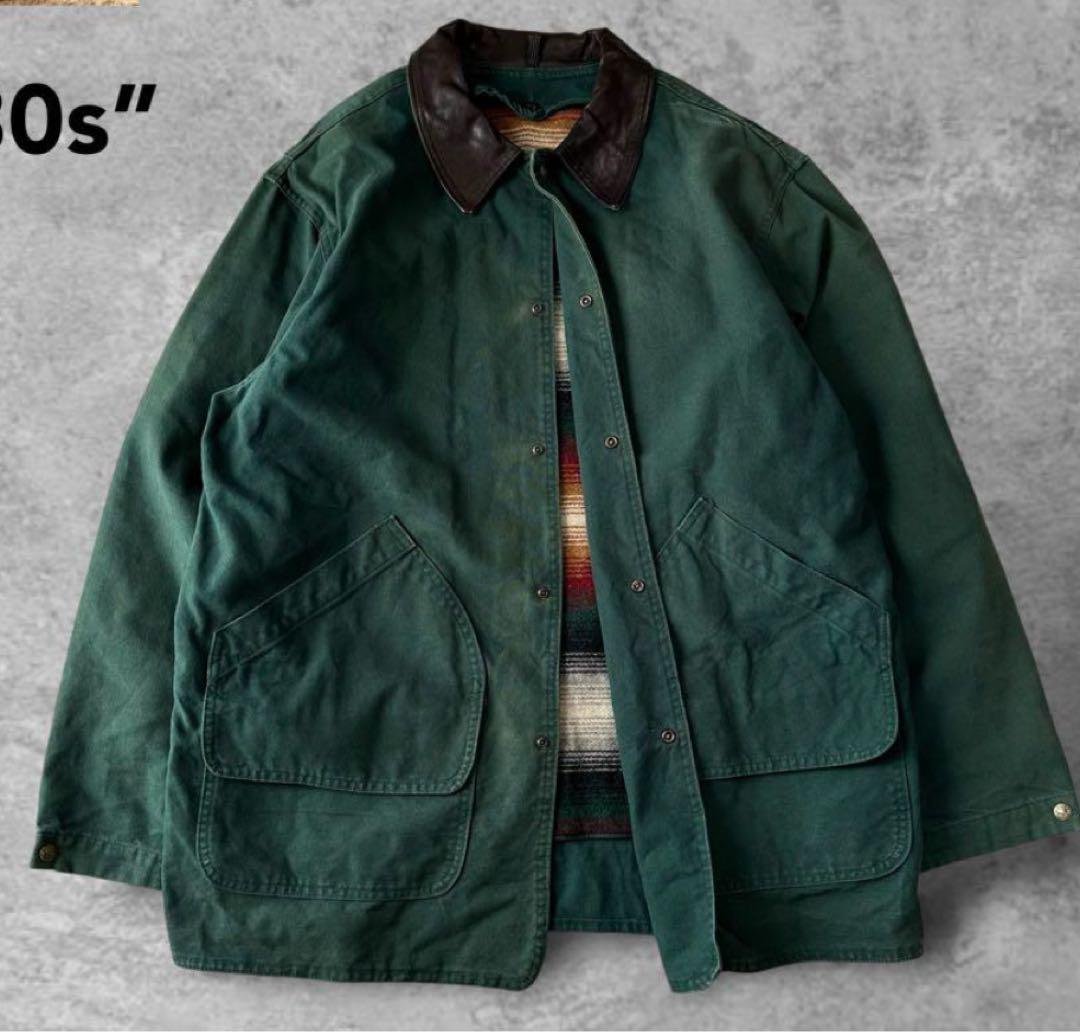 ウールリッチ古着ダック地ハンティングジャケット襟コーズレザー 80s