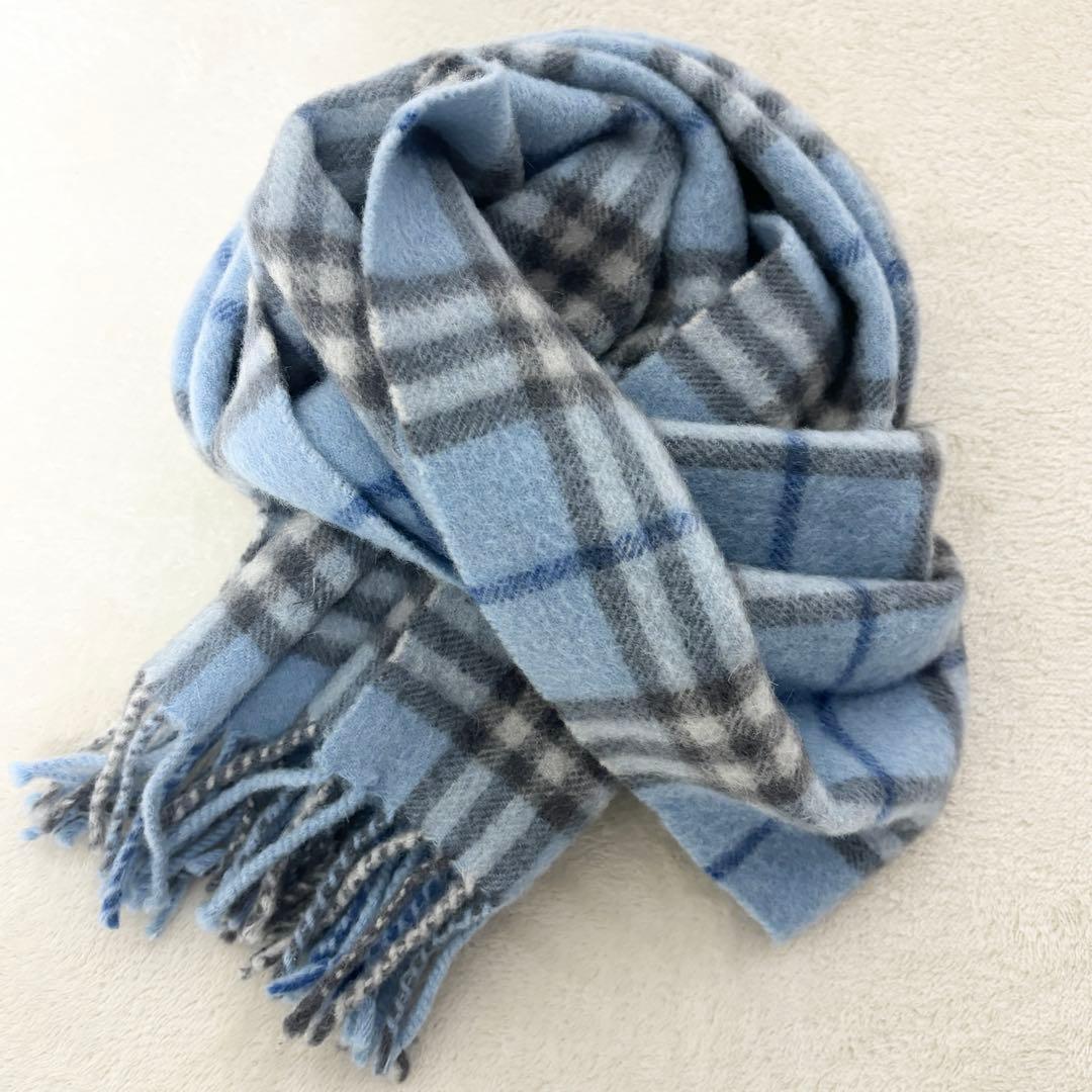 BURBERRY マフラー ノバチェックライトブルー カシミヤ100%