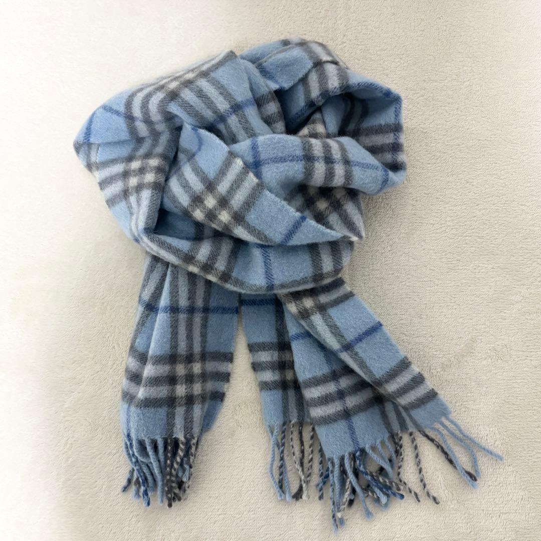 BURBERRY マフラー ノバチェックライトブルー カシミヤ100%