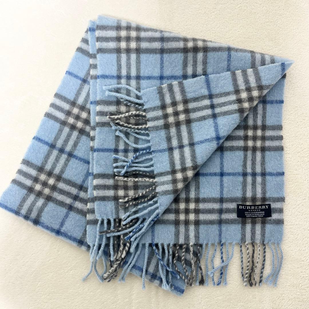 BURBERRY マフラー ノバチェックライトブルー カシミヤ100%