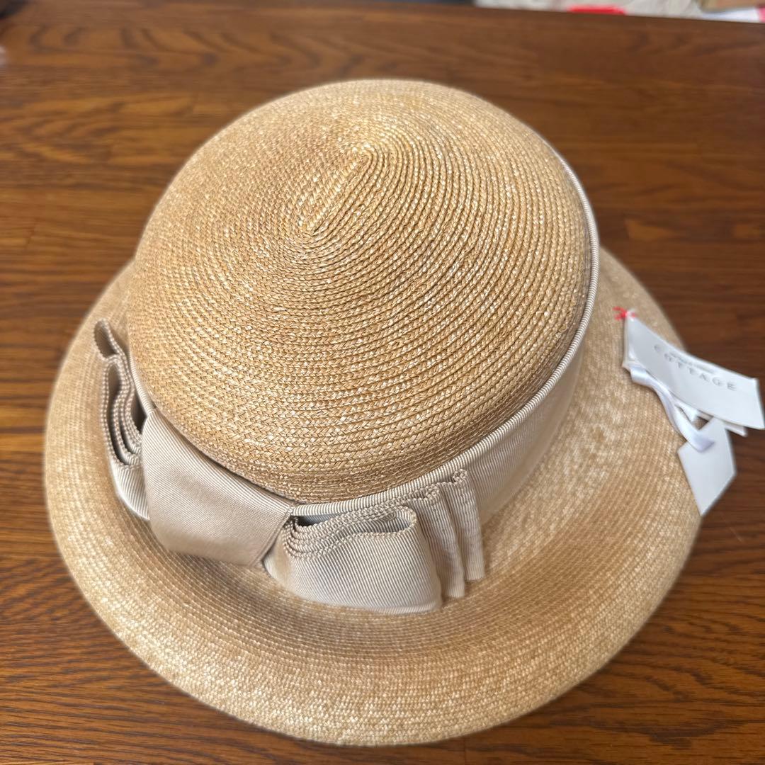 【未使用】COTTAGE ベージュ リボン付き麦わら帽子