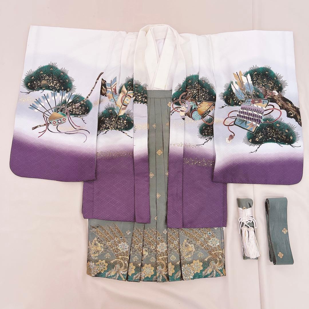 七五三5歳男の子　羽織袴セット　袴3種類付き　白