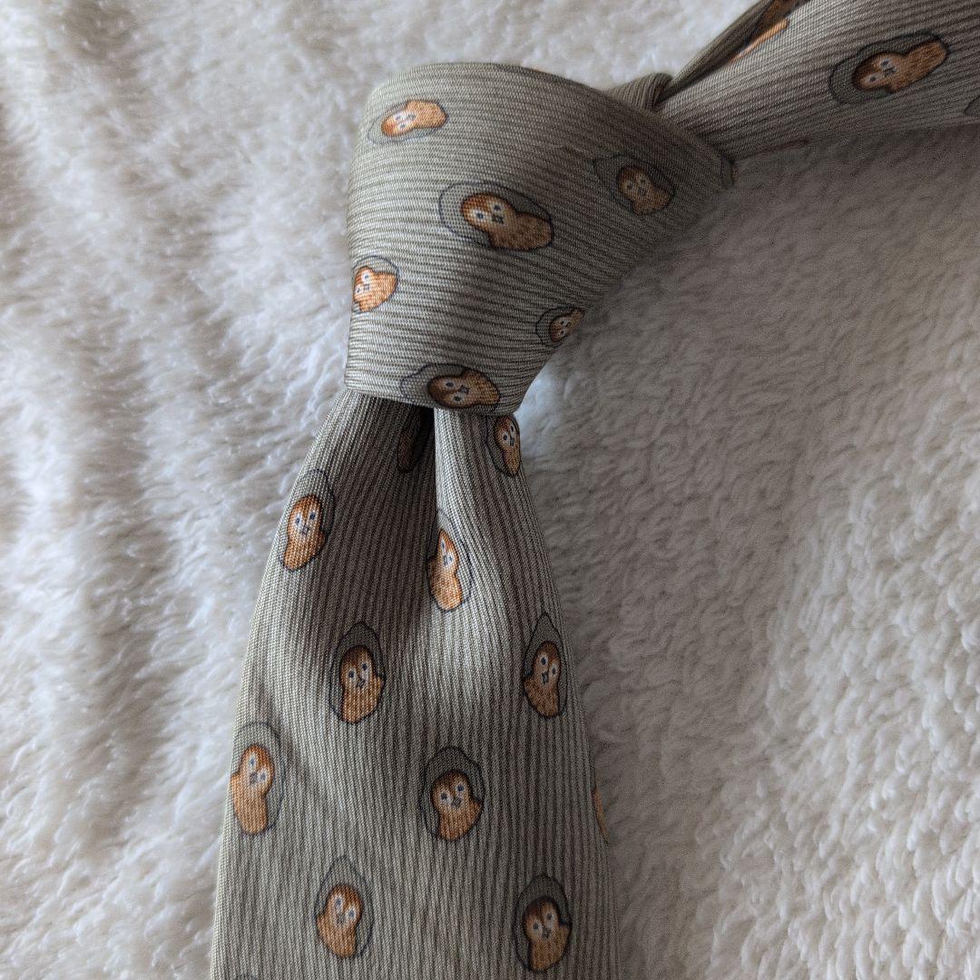 HERMES　エルメス　ネクタイ　フクロウ　総柄　ドット　グレージュ系