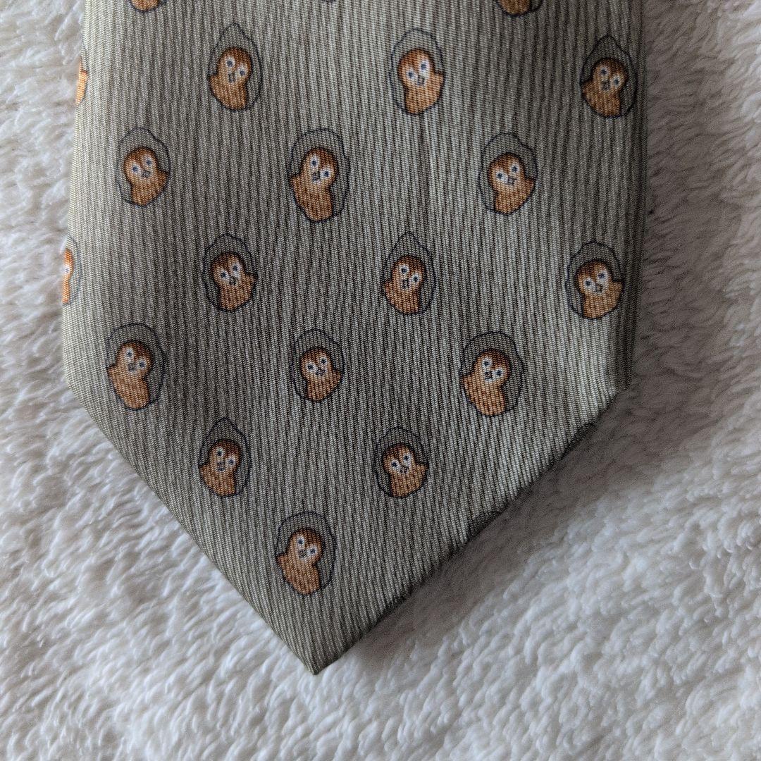 HERMES　エルメス　ネクタイ　フクロウ　総柄　ドット　グレージュ系