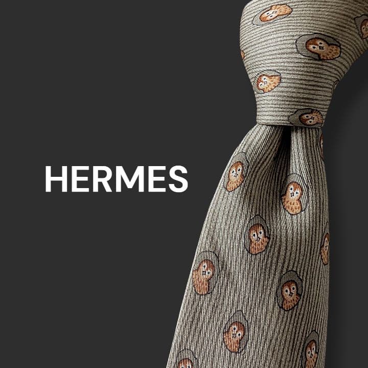 HERMES　エルメス　ネクタイ　フクロウ　総柄　ドット　グレージュ系