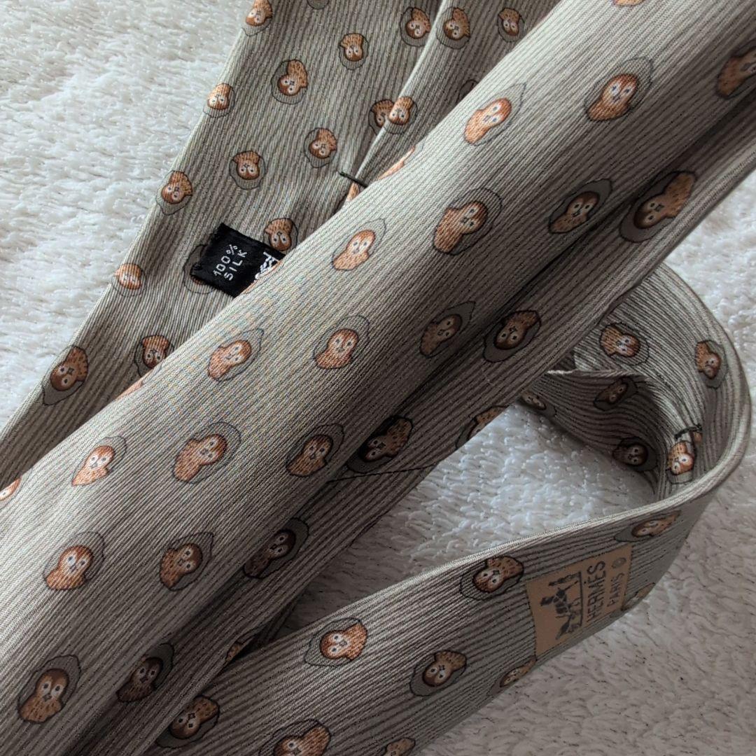 HERMES　エルメス　ネクタイ　フクロウ　総柄　ドット　グレージュ系